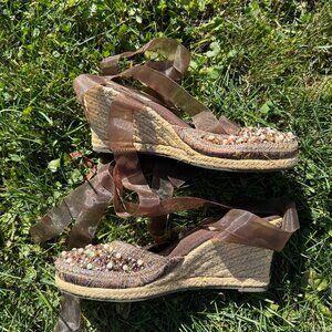 Steve Madden Women's 8.5 Bommbay Brown Beaded Ribbon Tie Espadrilles Y2K